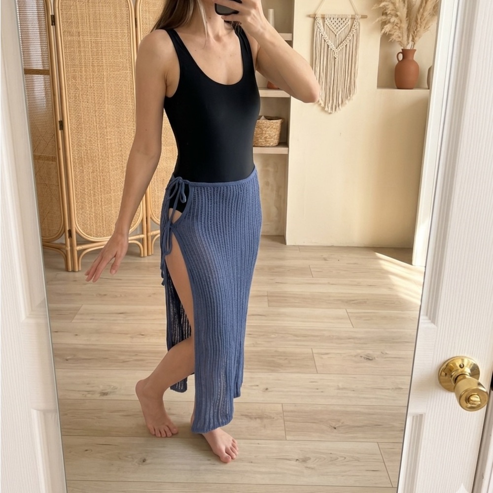 Aerie 100% Cotton Blue Crochet Knit Side Tie Midi Skirt Coverup XS/S